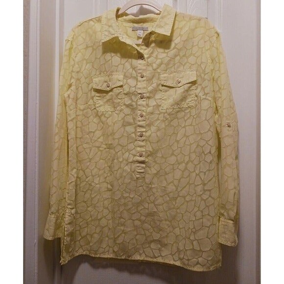 Dana Buchman Womens Button Up Yellow Shirt Long Sleeve Lace Inset Size L - Picture 1 of 4